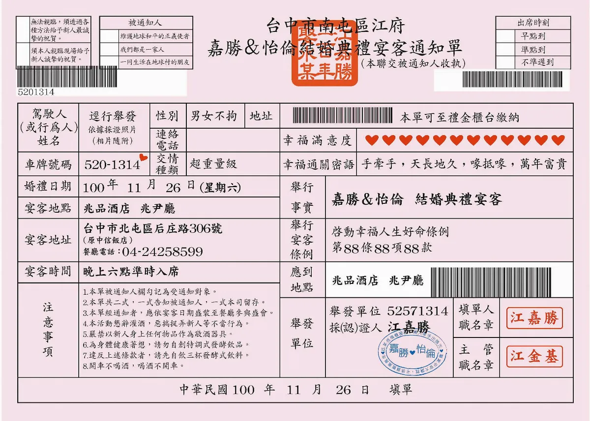 罰單式喜帖 禮金不繳不行
