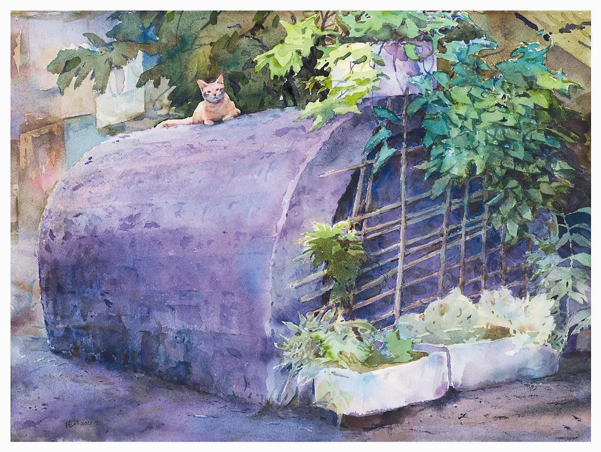 【春芽夏蔭‧許德麗水彩畫展】 防空洞與貓