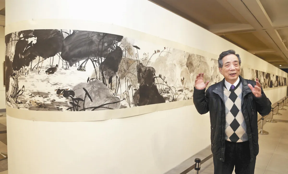 黃光男揮水墨  喜鵲夜鷺躍45m長卷