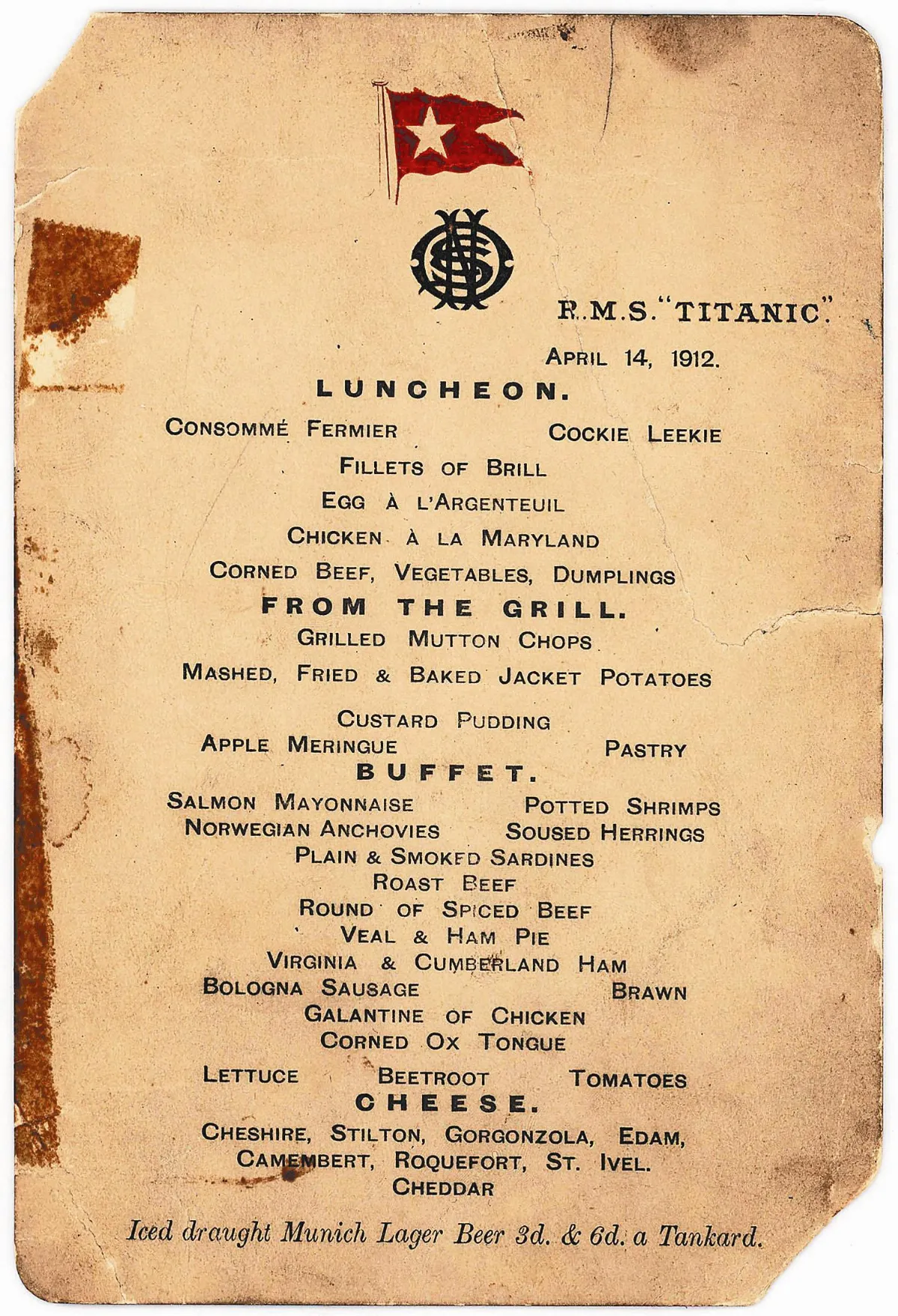 鐵達尼最後午餐 菜單上網拍賣