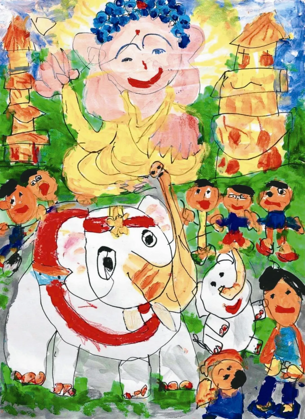 開心和白象照相．編斗笠