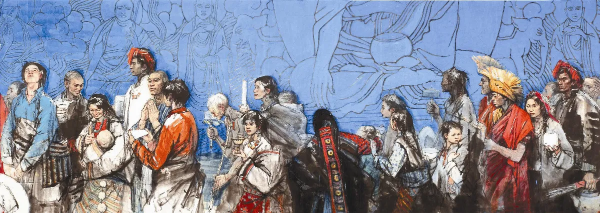 【祈願─佛光緣美術館典藏．史國良作品展】朝山（1982年作品、150x426cm）