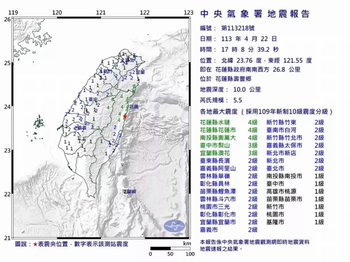花蓮壽豐多起地震最大規模5.5 氣象署：短時間能量釋放