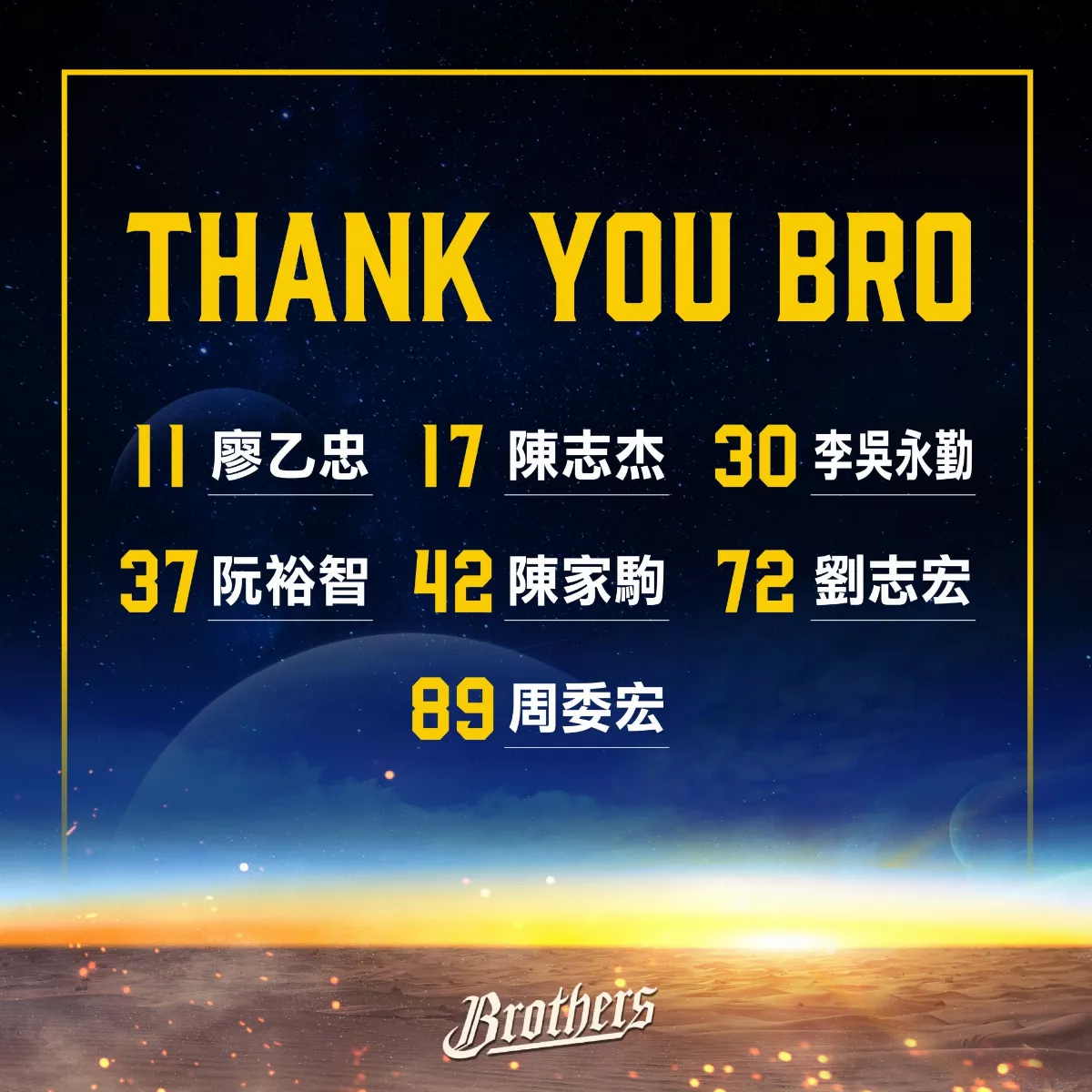 Thank You 兄弟！中信兄弟釋出球員名單公告