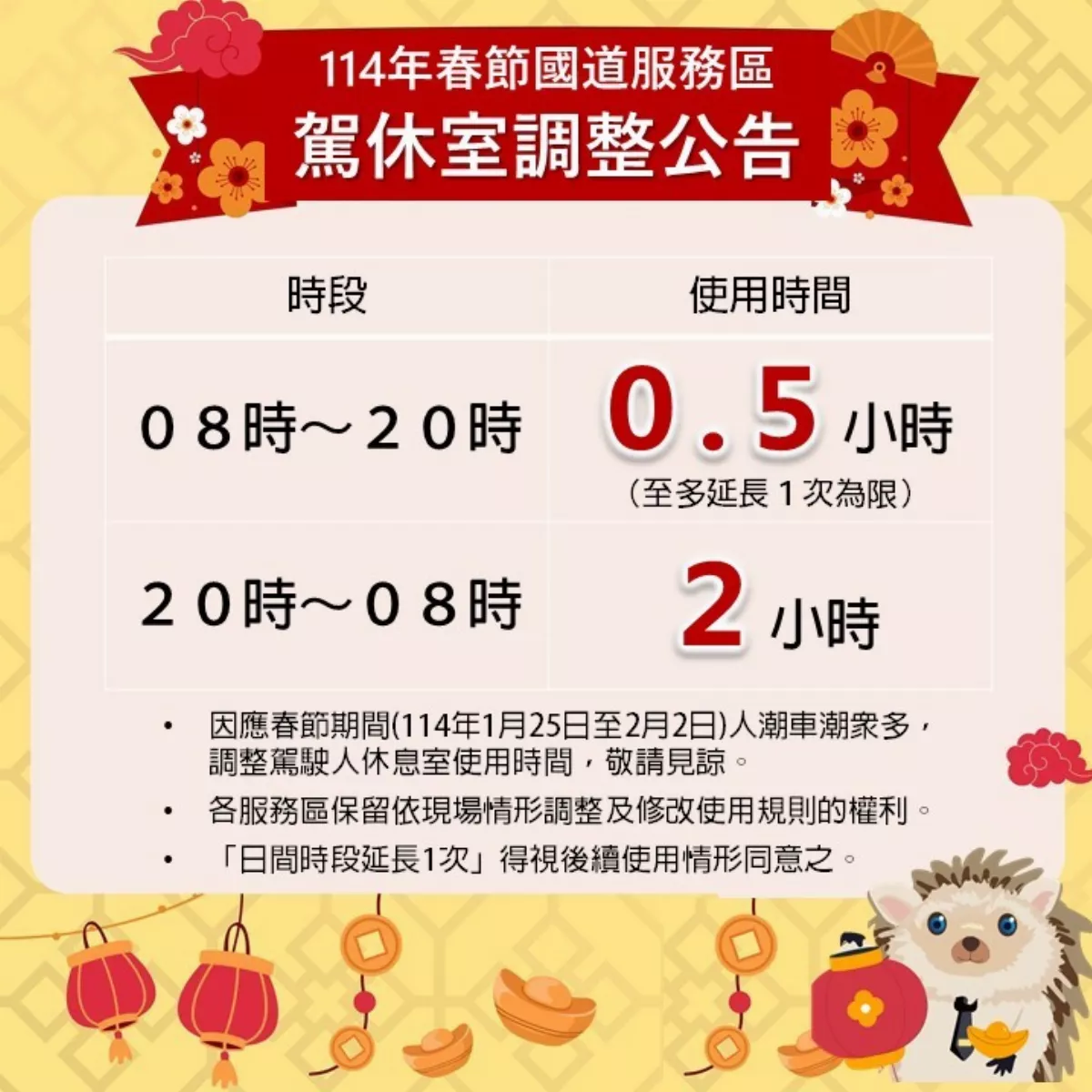 國道服務區春節調整 全駕休室日間使用剩半小時
