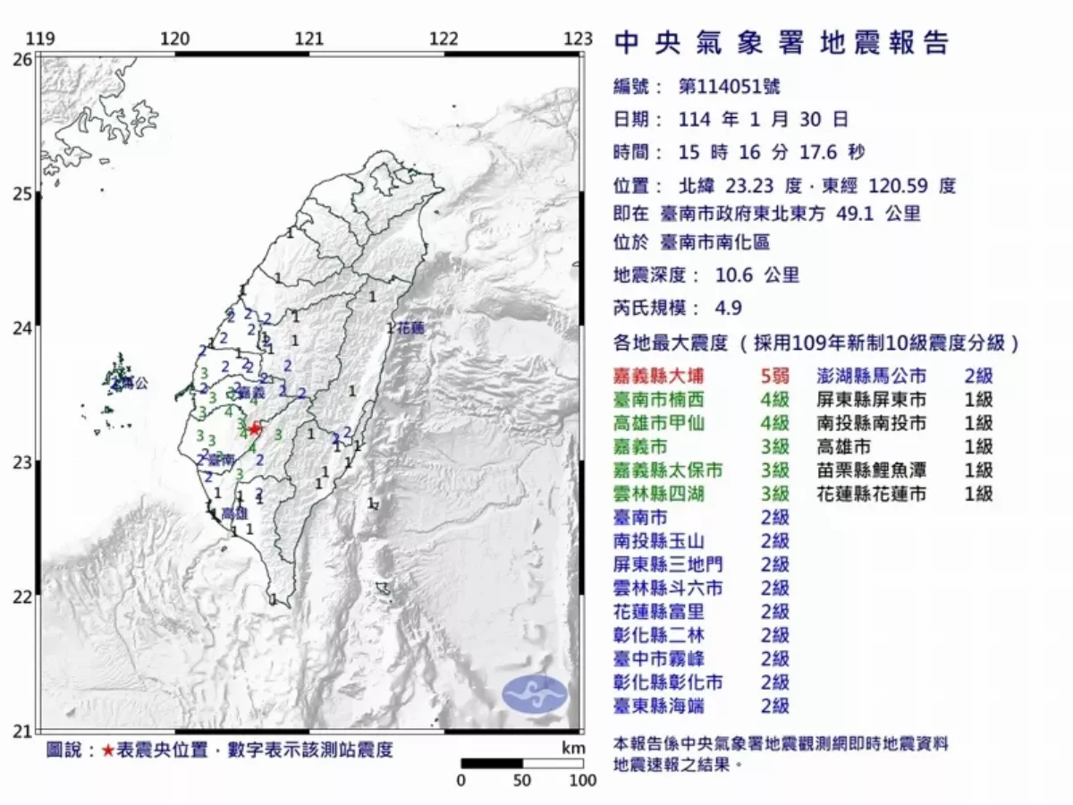 南部震不停 台南南化15:16地震規模4.9