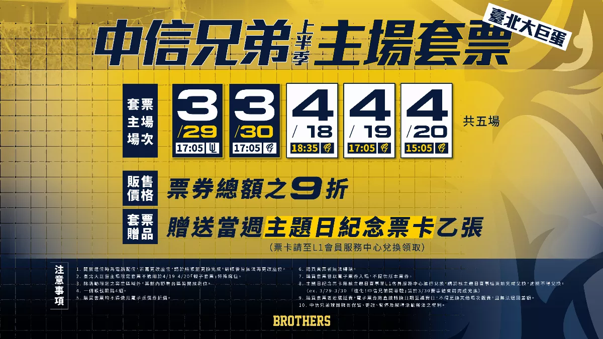 中職／中信兄弟公布上半季售票資訊 5場大巨蛋11日開搶