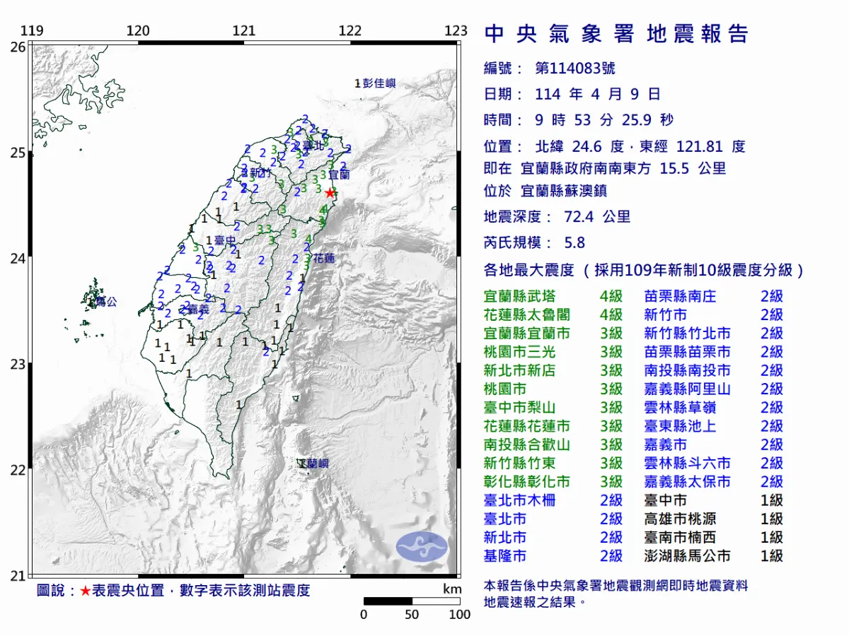 宜蘭蘇澳規模5.8地震  氣象署說明成因