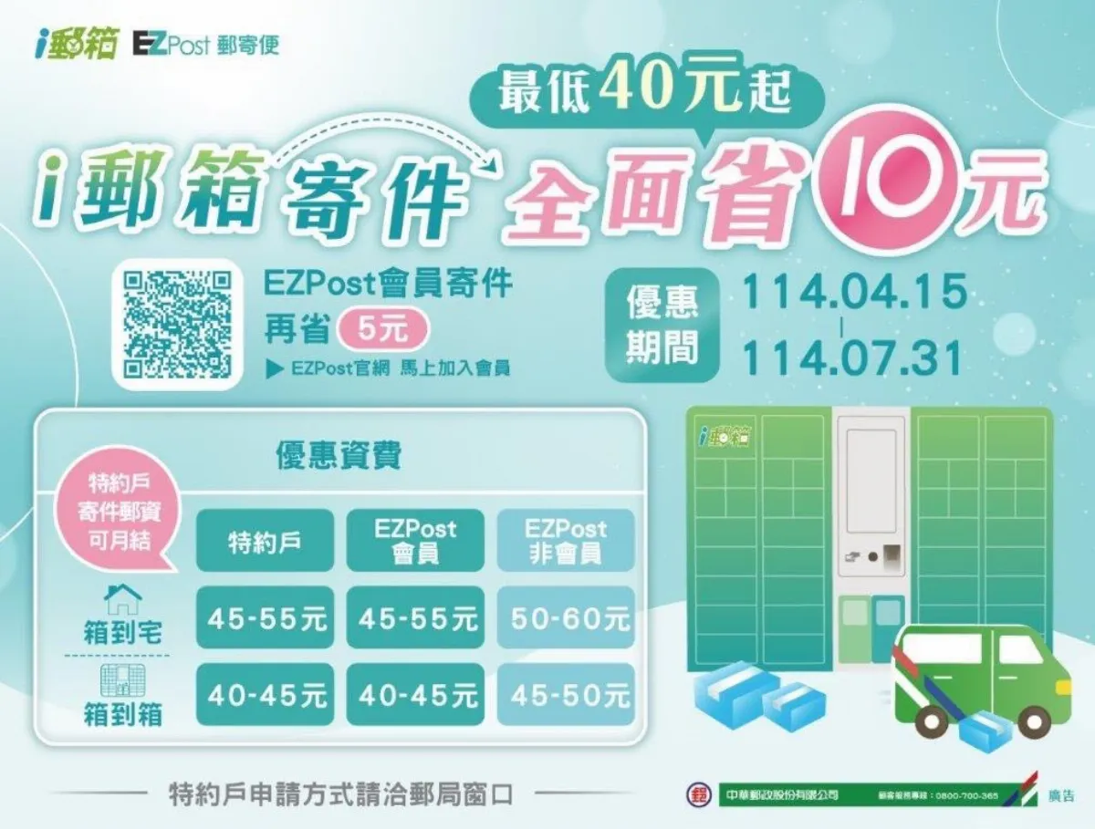 郵局i郵箱限時優惠 國內每件折10元、資費最低40元起