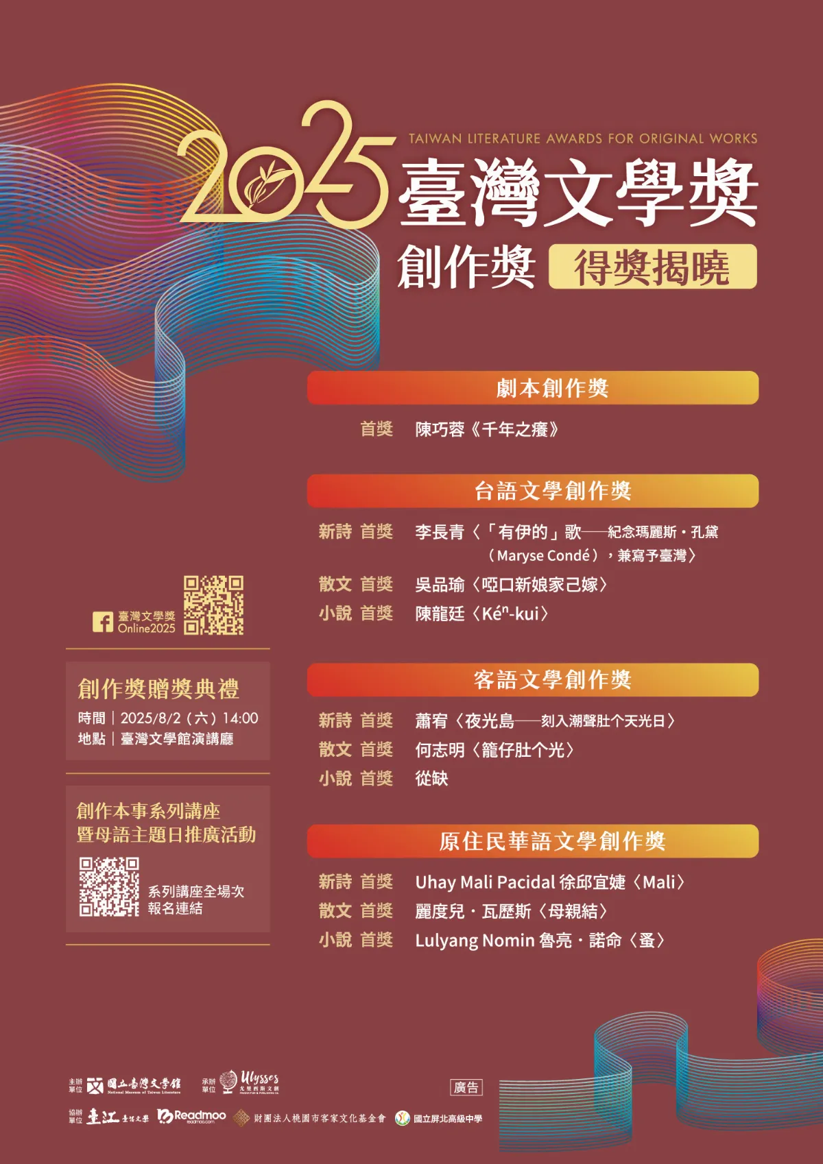 2025台灣文學獎創作獎揭曉　陳巧蓉《千年之癢》獲劇本首獎