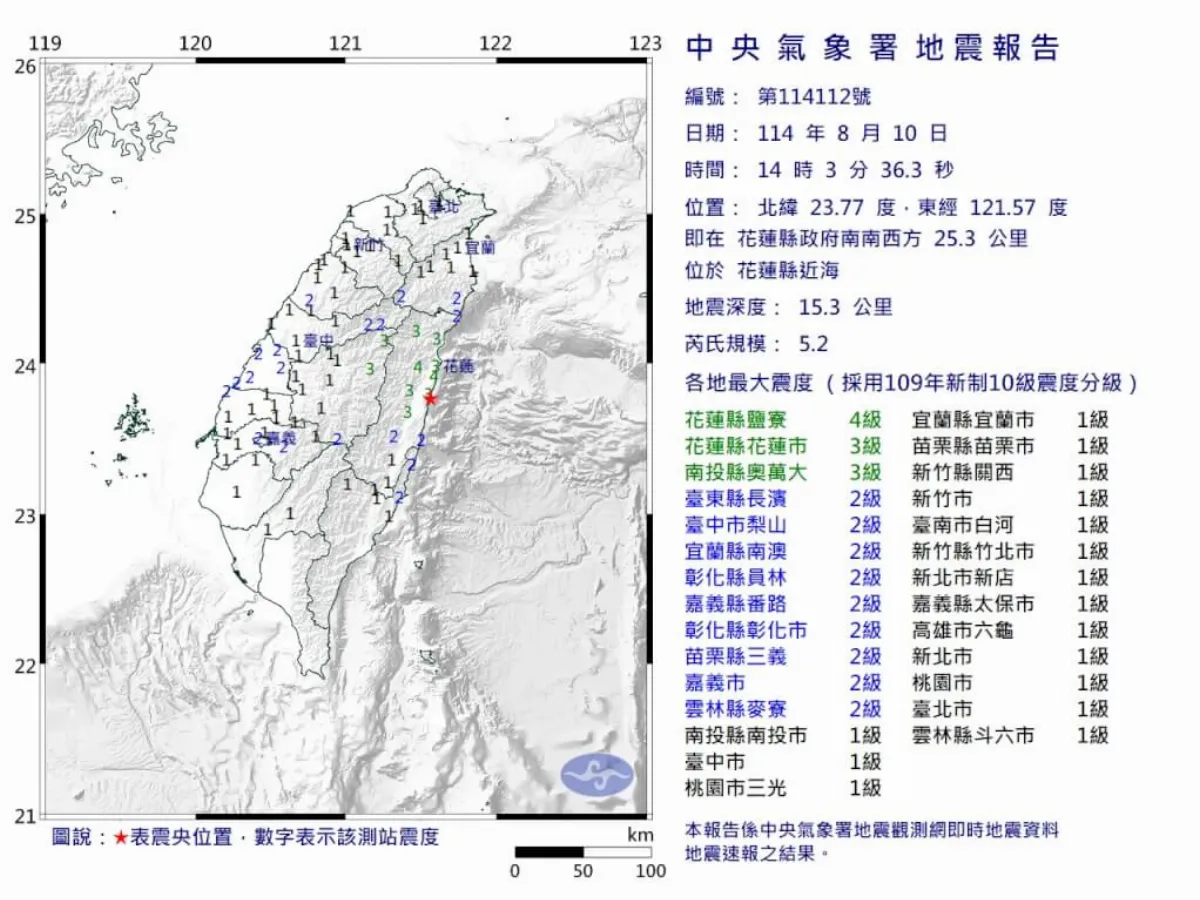 花蓮發生規模5.2地震 7分鐘後再有規模4.2地震