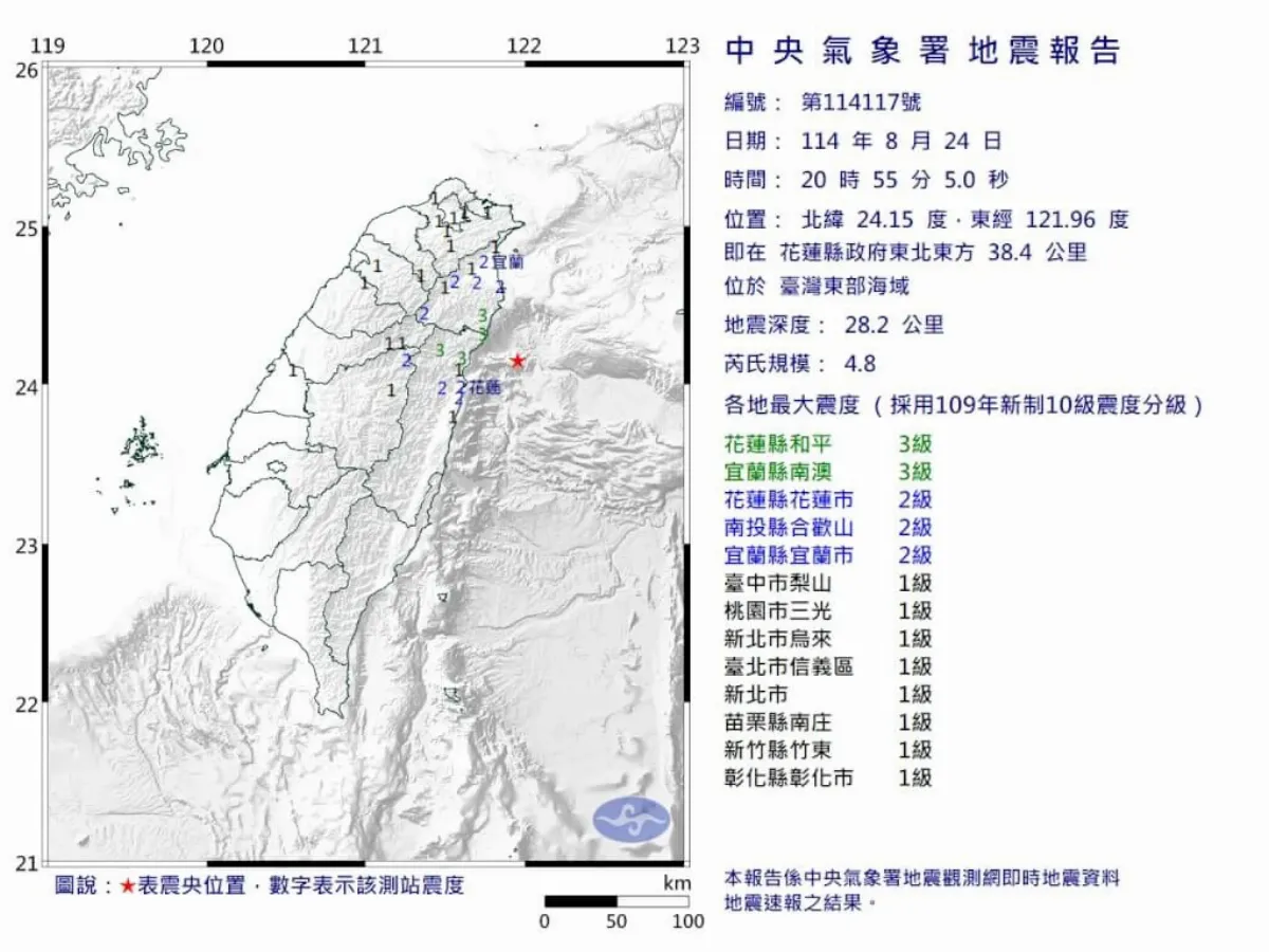 東部海域規模4.8地震 最大震度花蓮宜蘭3級