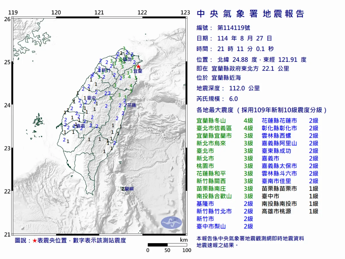 宜蘭近海規模6.0地震 北台灣多地有感
