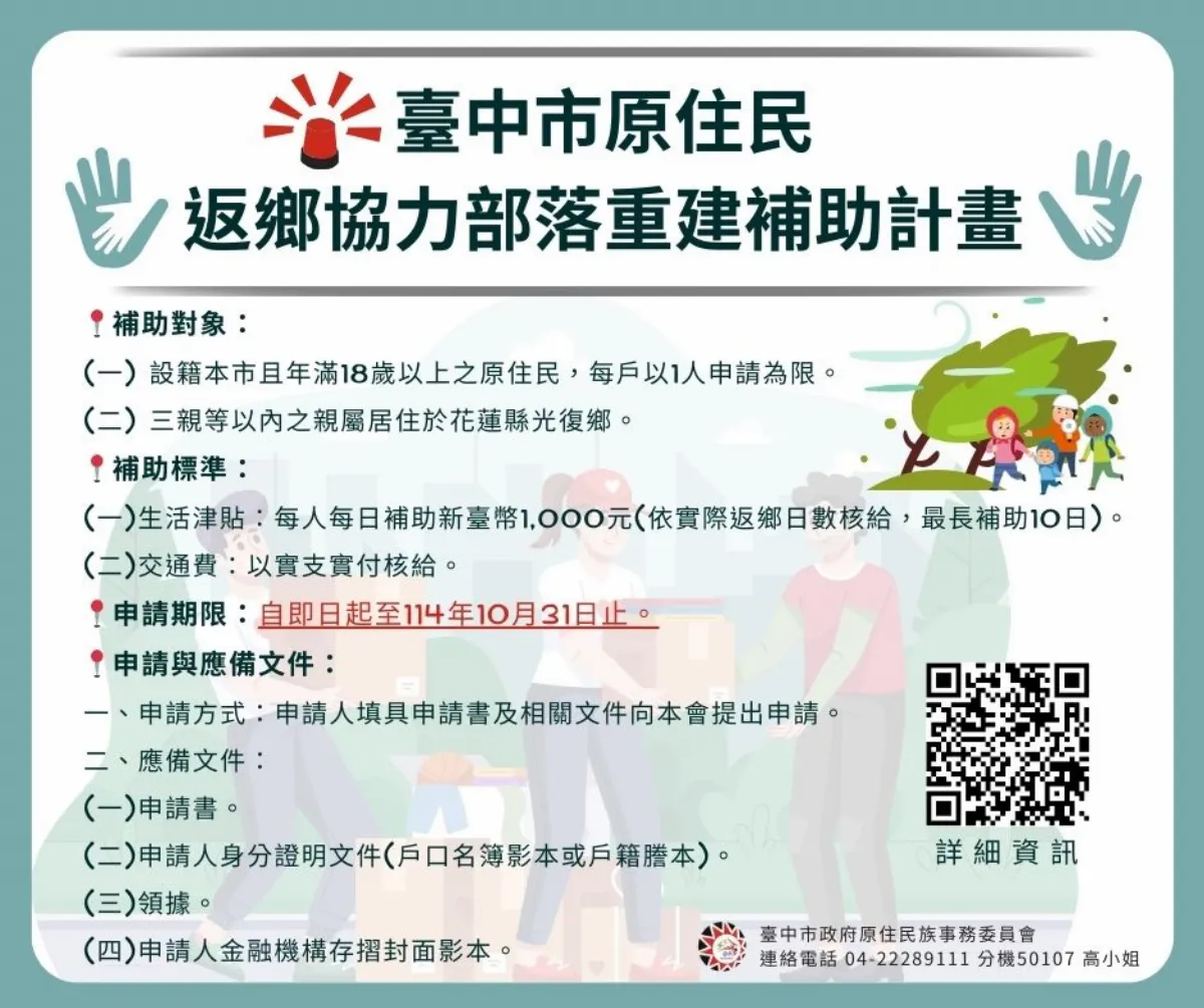 全國首創補助　台中原民返鄉救災每日千元津貼加碼交通費