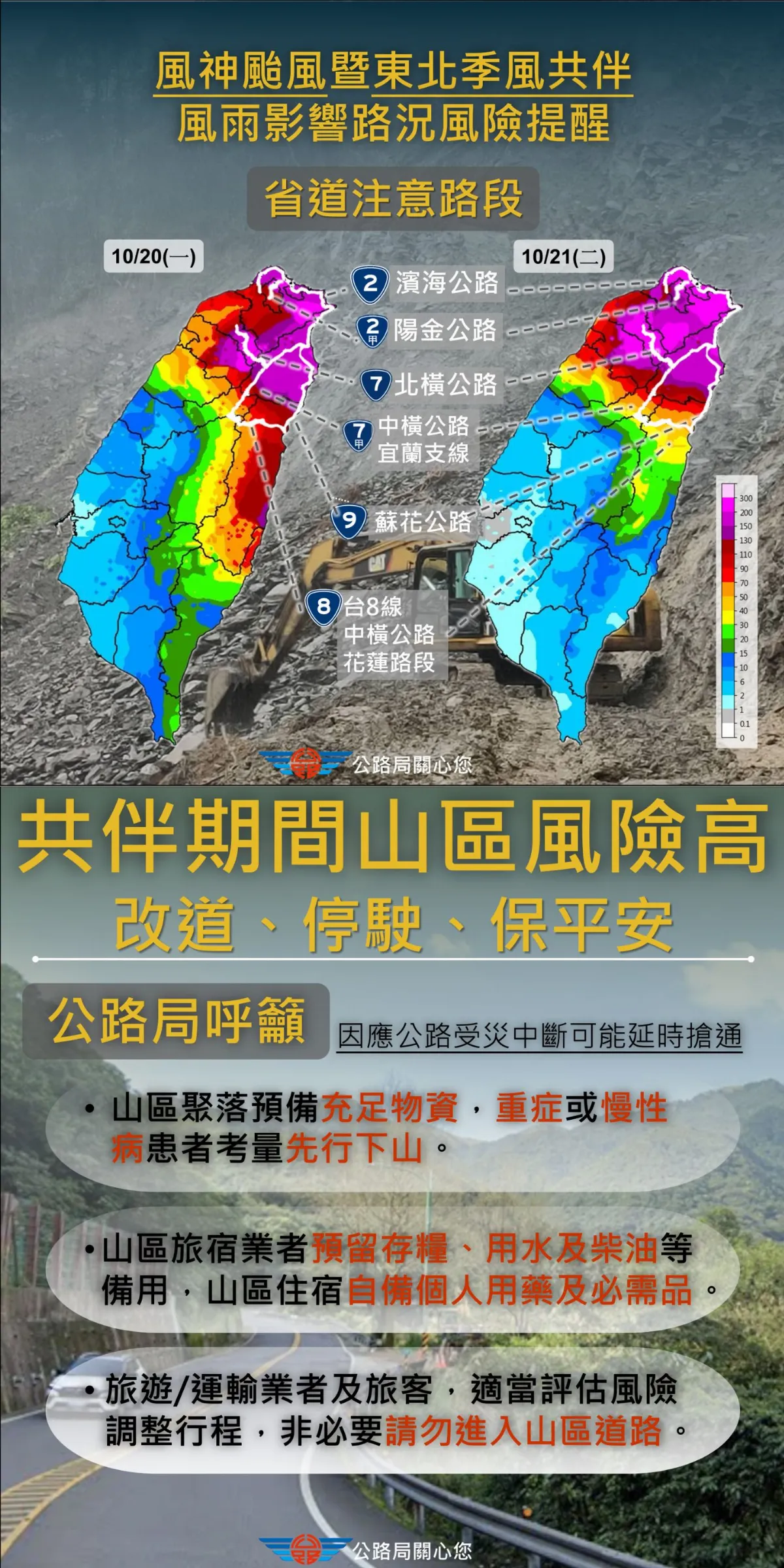 風神颱風挾東北季風共伴 蘇花公路與中橫多路段擬預警性封閉