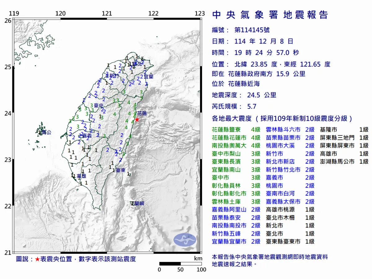 花蓮近海晚間規模5.7地震　最大震度花蓮4級