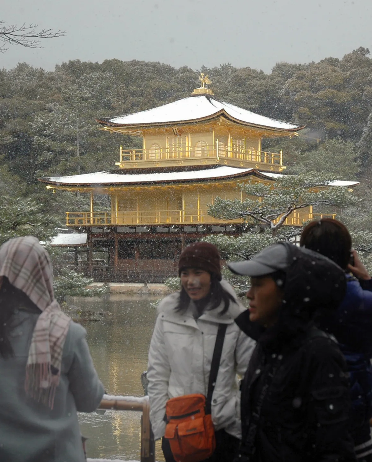 日本京都下雪 金閣寺今冬首度被白雪妝點