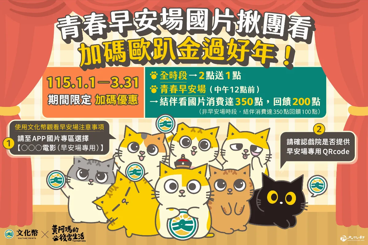 迎戰最長寒假 文化幣推結伴看早安場國片 加碼歐趴金100點