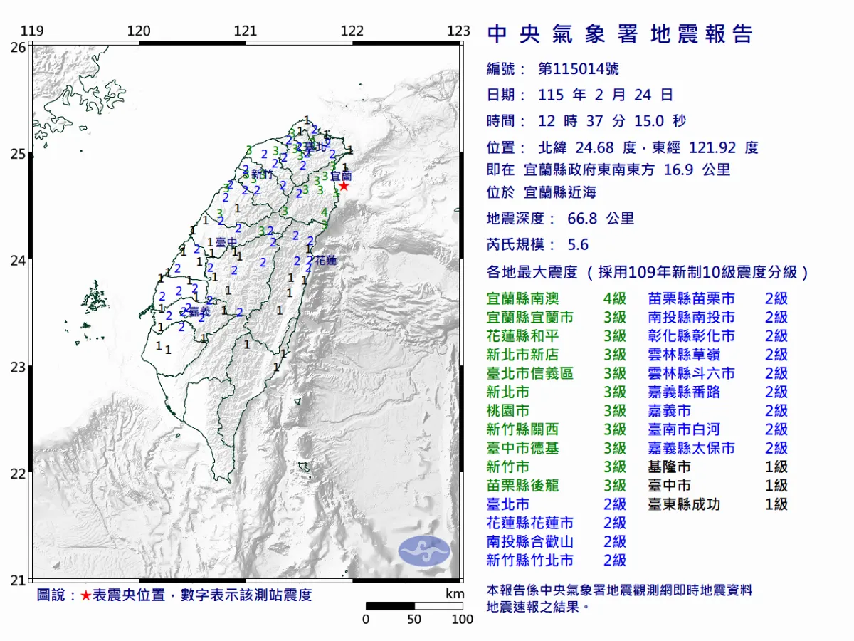宜蘭近海規模5.6地震  全台多處有感